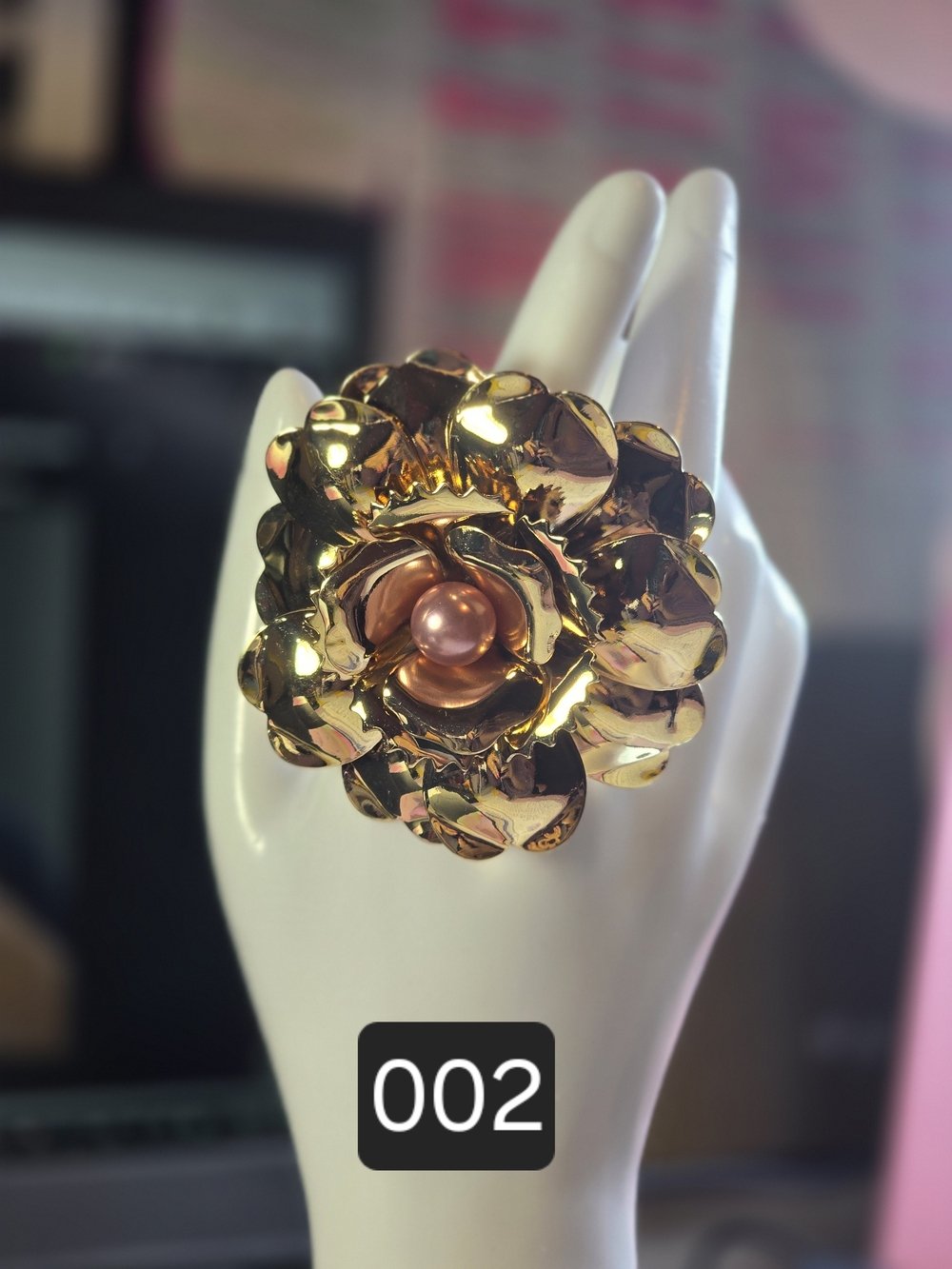 Gold Floral Statement Ring with Pink Pearl Center